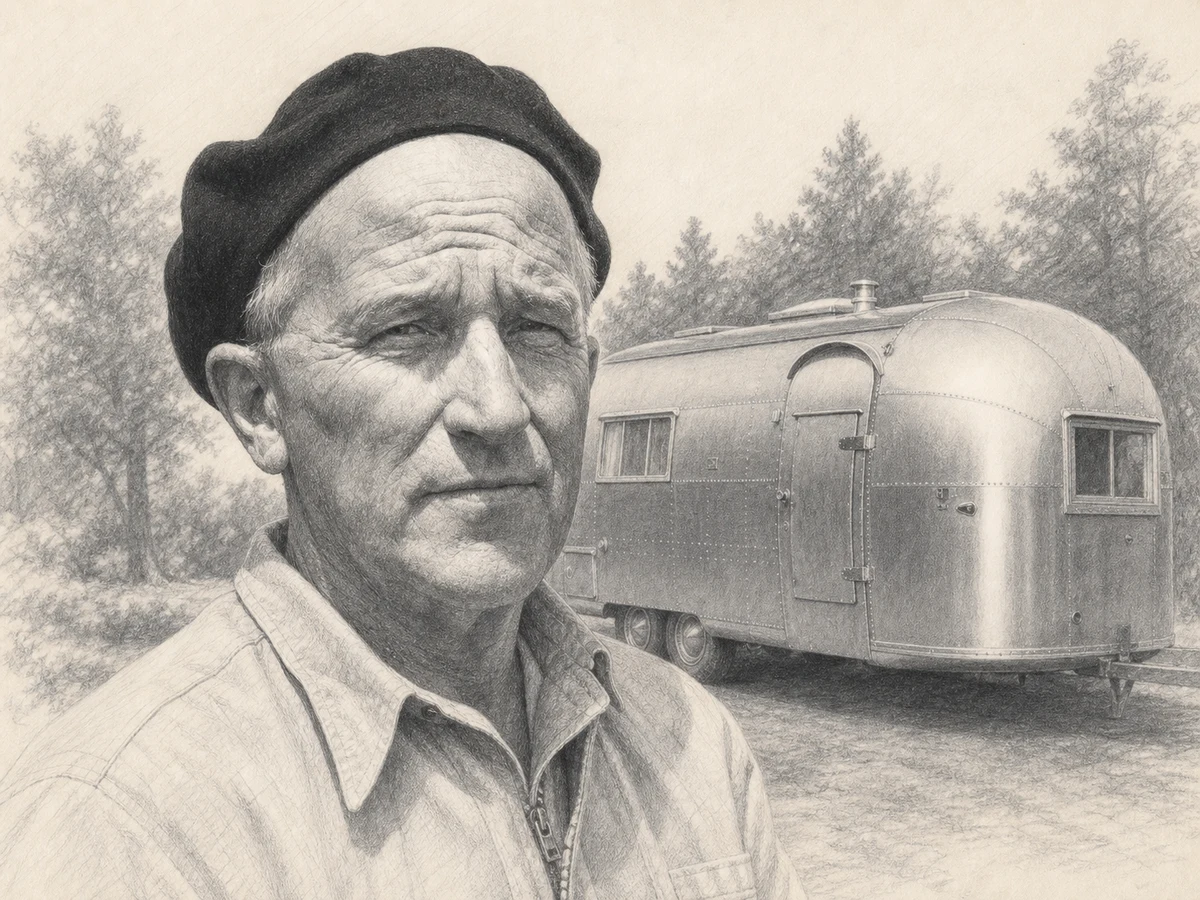 Graphite portrait of Wally Byam in a dark beret, with a riveted aluminium Airstream trailer receding behind his right shoulder.