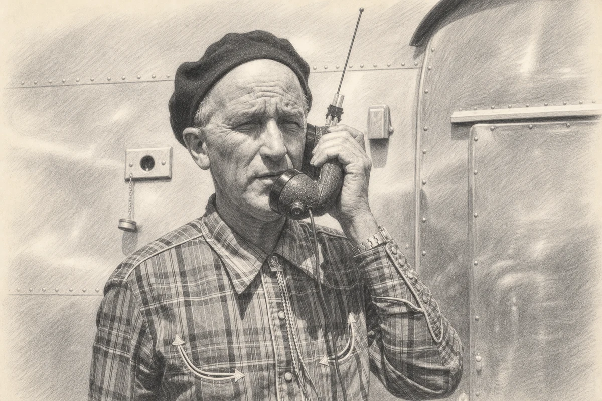 Graphite illustration of Wally Byam speaking into a short-wave telephone beside a riveted Airstream trailer.
