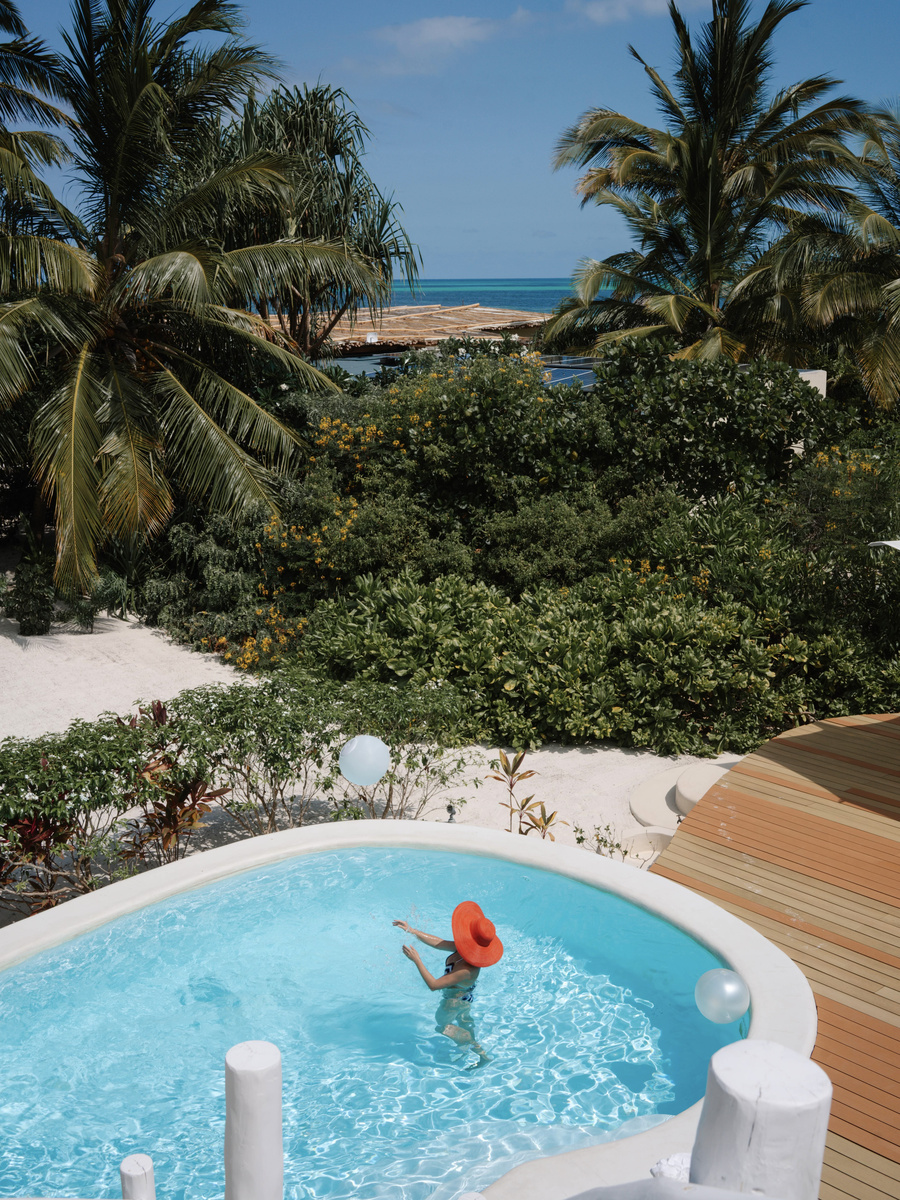 A private pool and tropical garden are seen from the rooftop terrace of a beachfront villa.