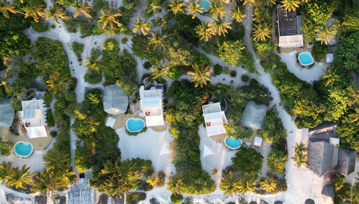 Aerial view of Zanzibar White Sand villas and gardens beside a strip of white beach