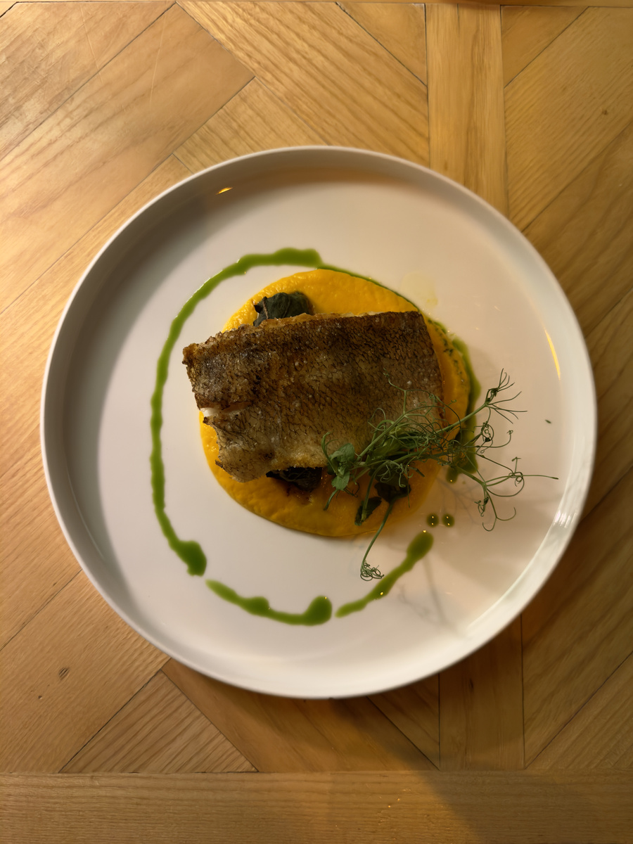 Zander with carrot purée and green sauce at Bled Castle Restaurant.