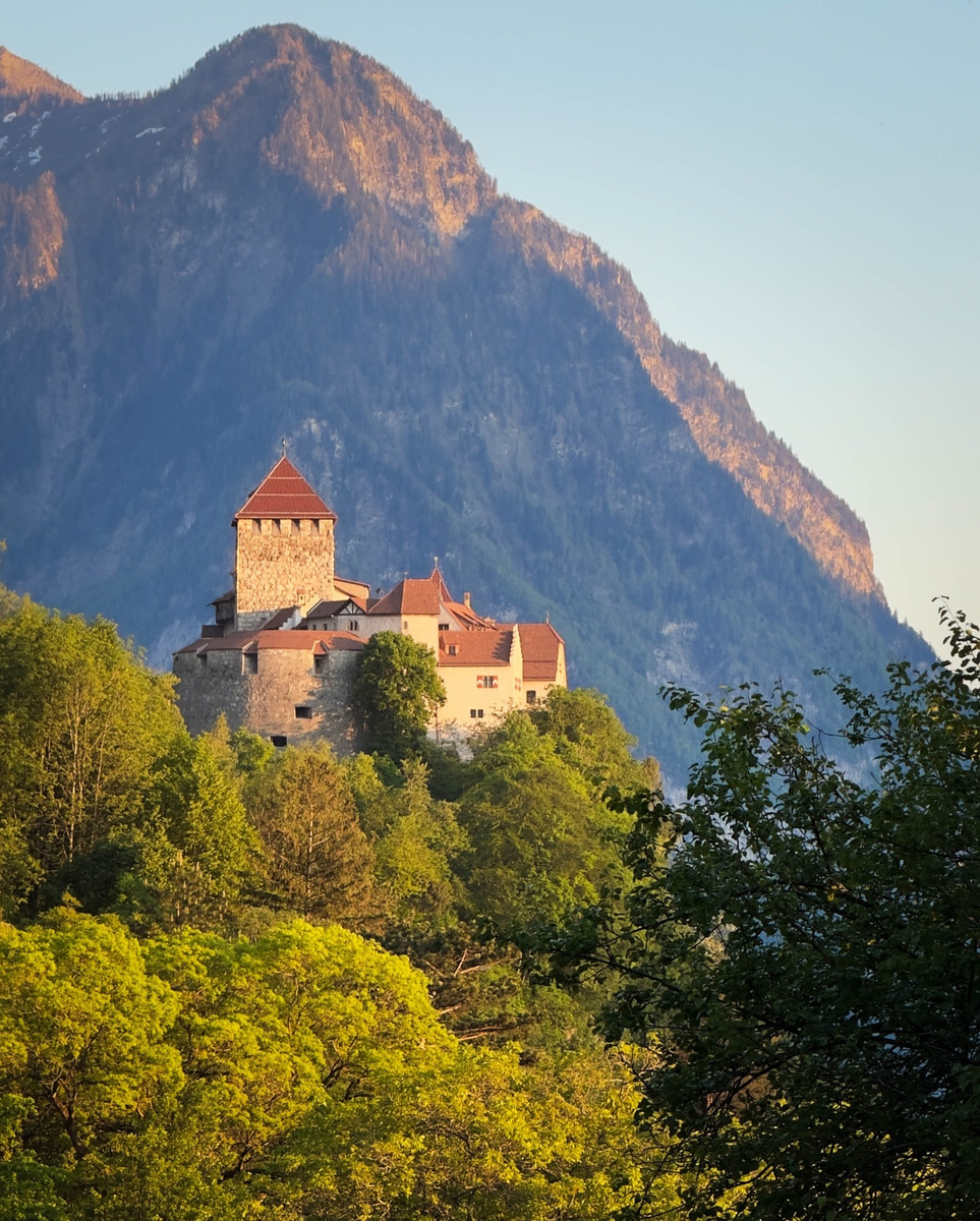 Vaduz Castle above green woodland, with a steep Alpine mountainside behind it.
