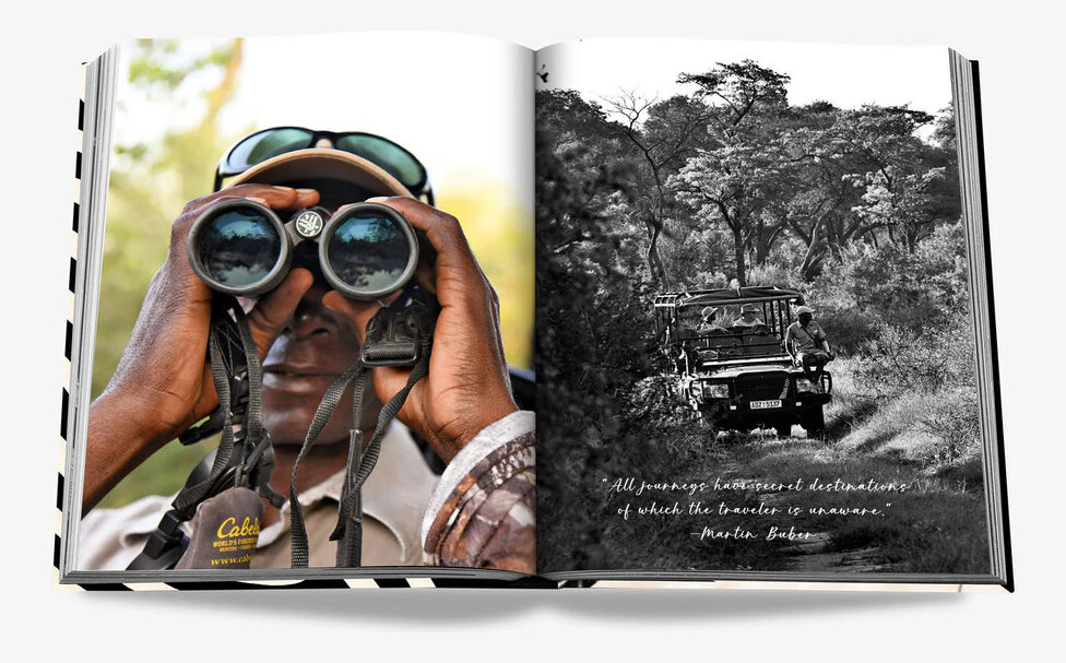 An open spread with a person looking through binoculars and a black-and-white safari vehicle photograph.