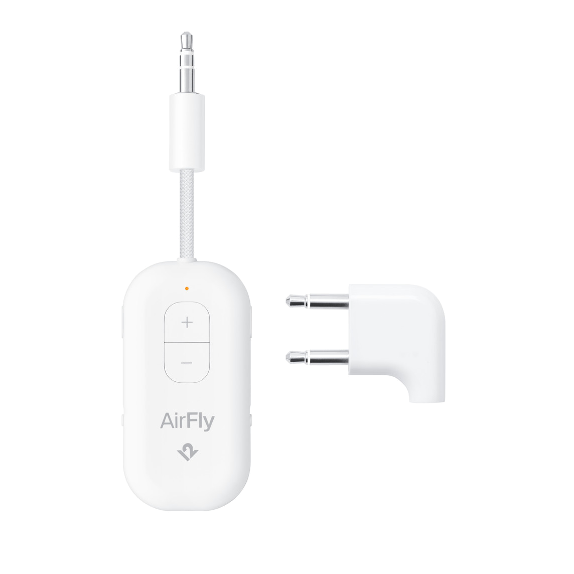 White AirFly Pro 2 Bluetooth transmitter and its two-pin airline adapter.