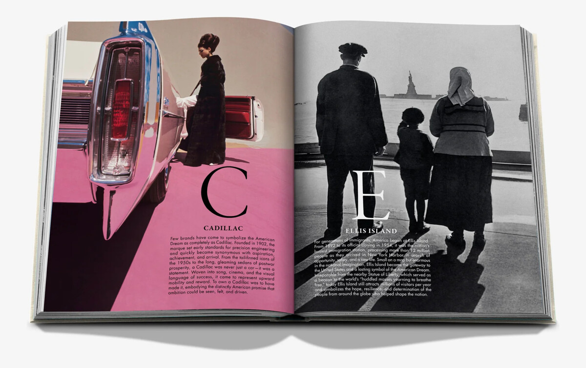 An open spread pairing a pink Cadillac photograph with a black-and-white family looking towards the Statue of Liberty.