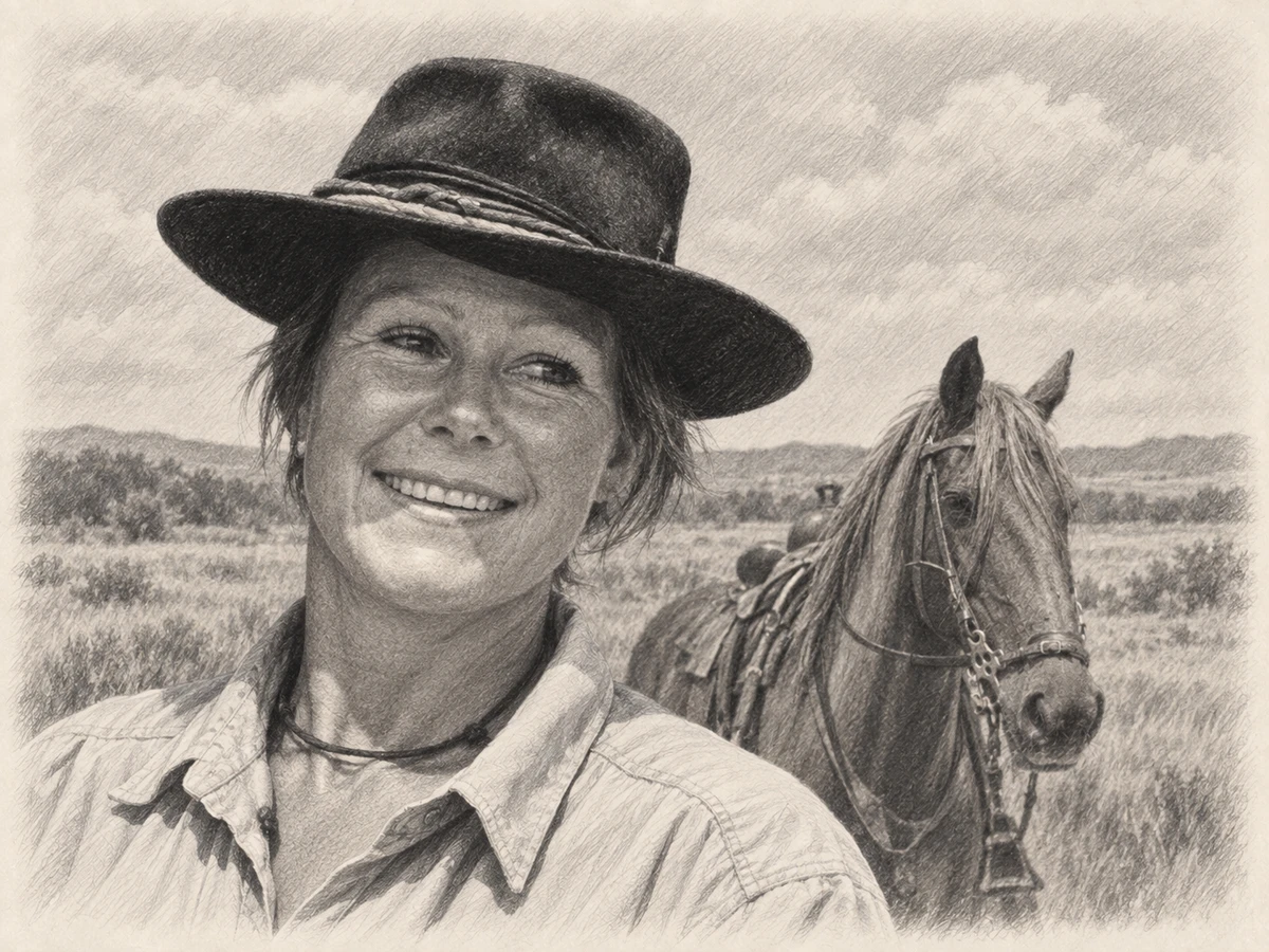 Graphite portrait of Anne Mariage in a riding hat, with a saddled horse behind her shoulder.
