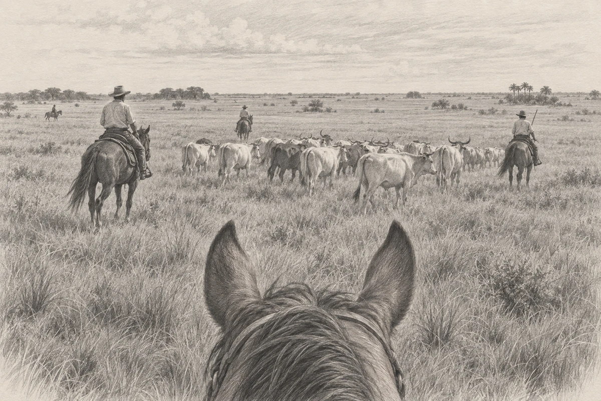 A view between a horse’s ears towards mounted cattle workers and a herd on an open plain.