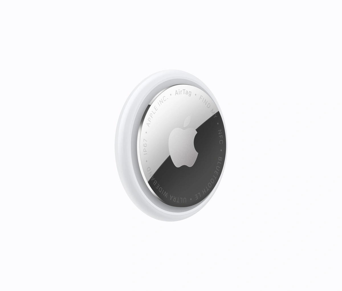 A single silver-and-white second-generation AirTag seen at an angle.