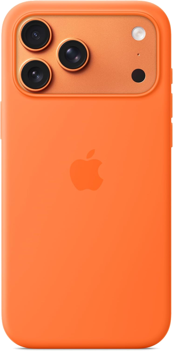 Rear view of an iPhone in an orange Apple silicone case.