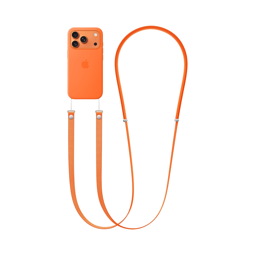 Orange Apple Crossbody Strap and a cased iPhone.