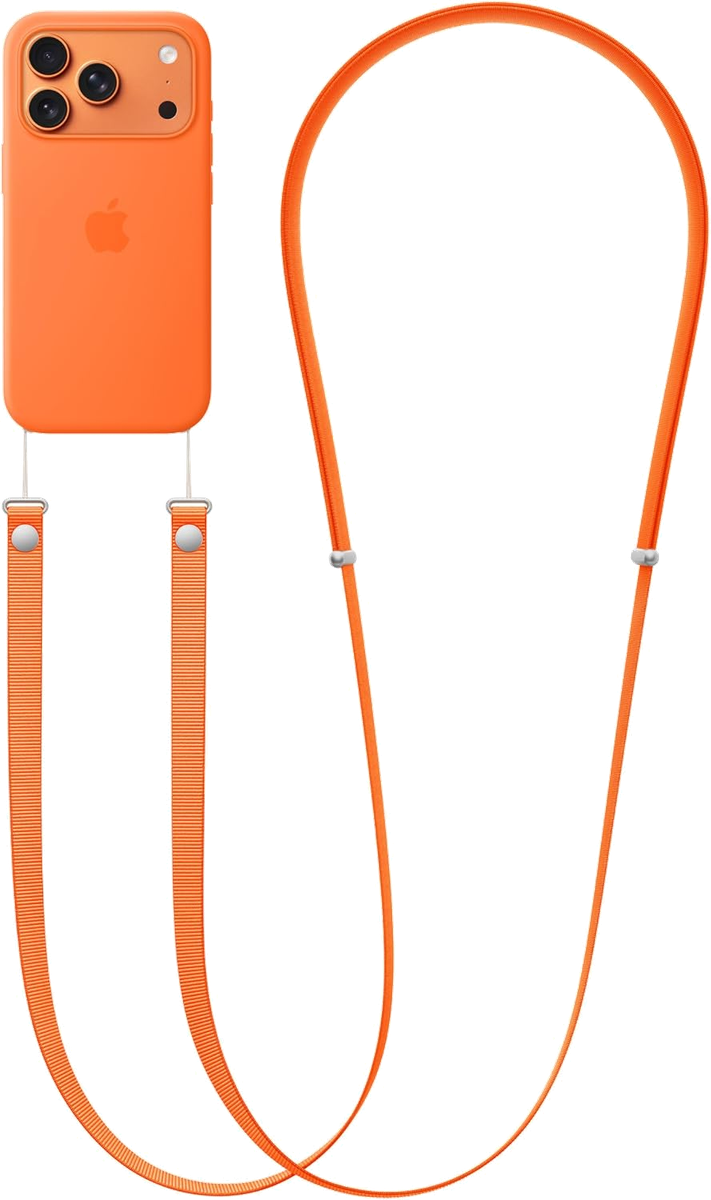 Orange Apple Crossbody Strap attached to an iPhone in an orange silicone case.