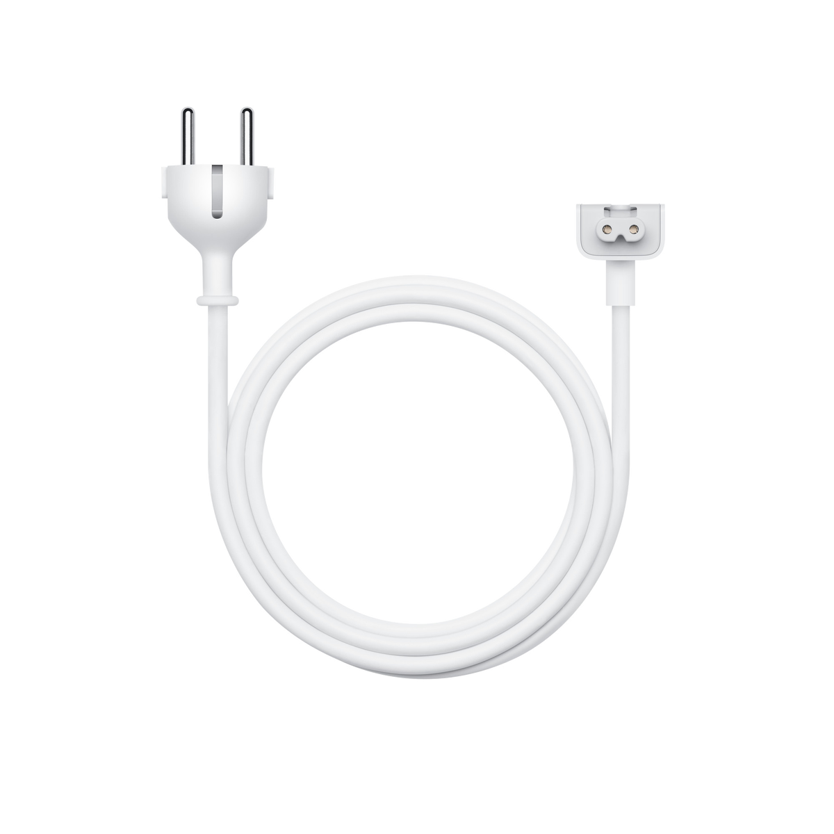 Coiled white Apple extension cable with a European plug and visible earthing contacts.