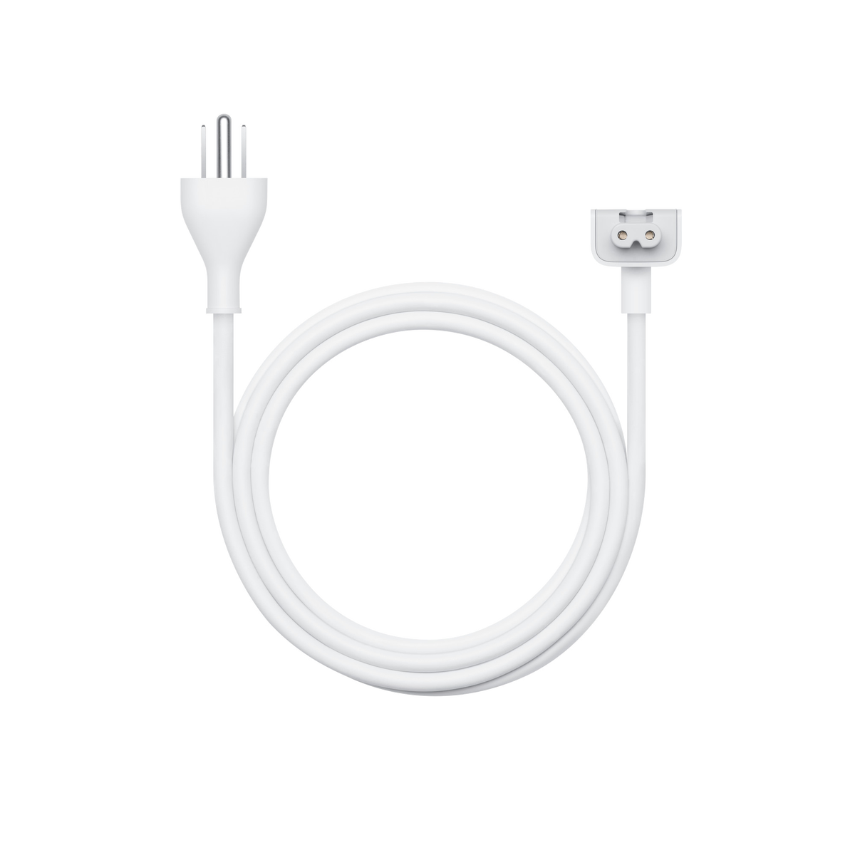 Coiled white Apple extension cable with a grounded US plug and the power-adapter connector.