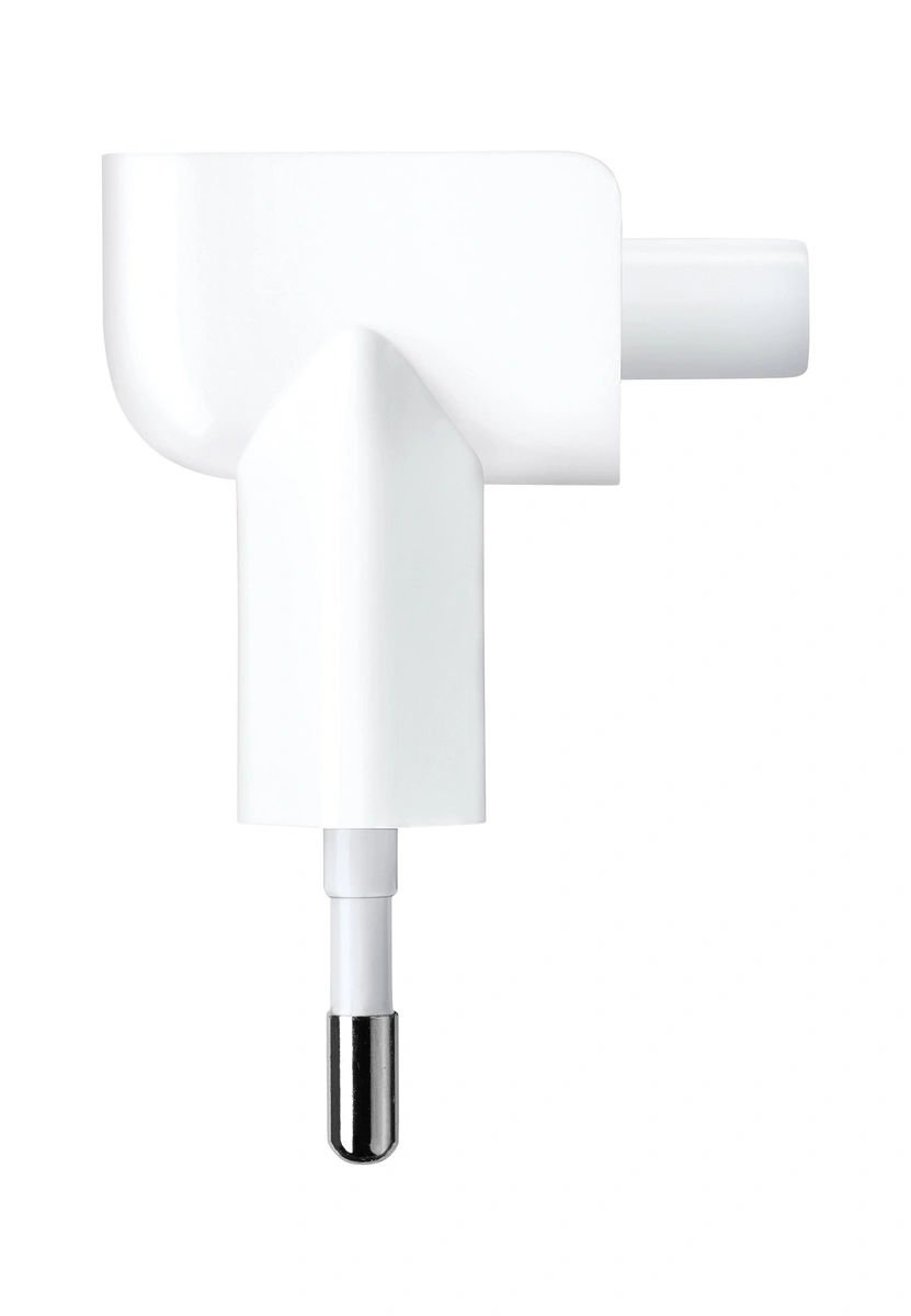 Side view of a white Apple European duckhead adapter with a round pin visible.