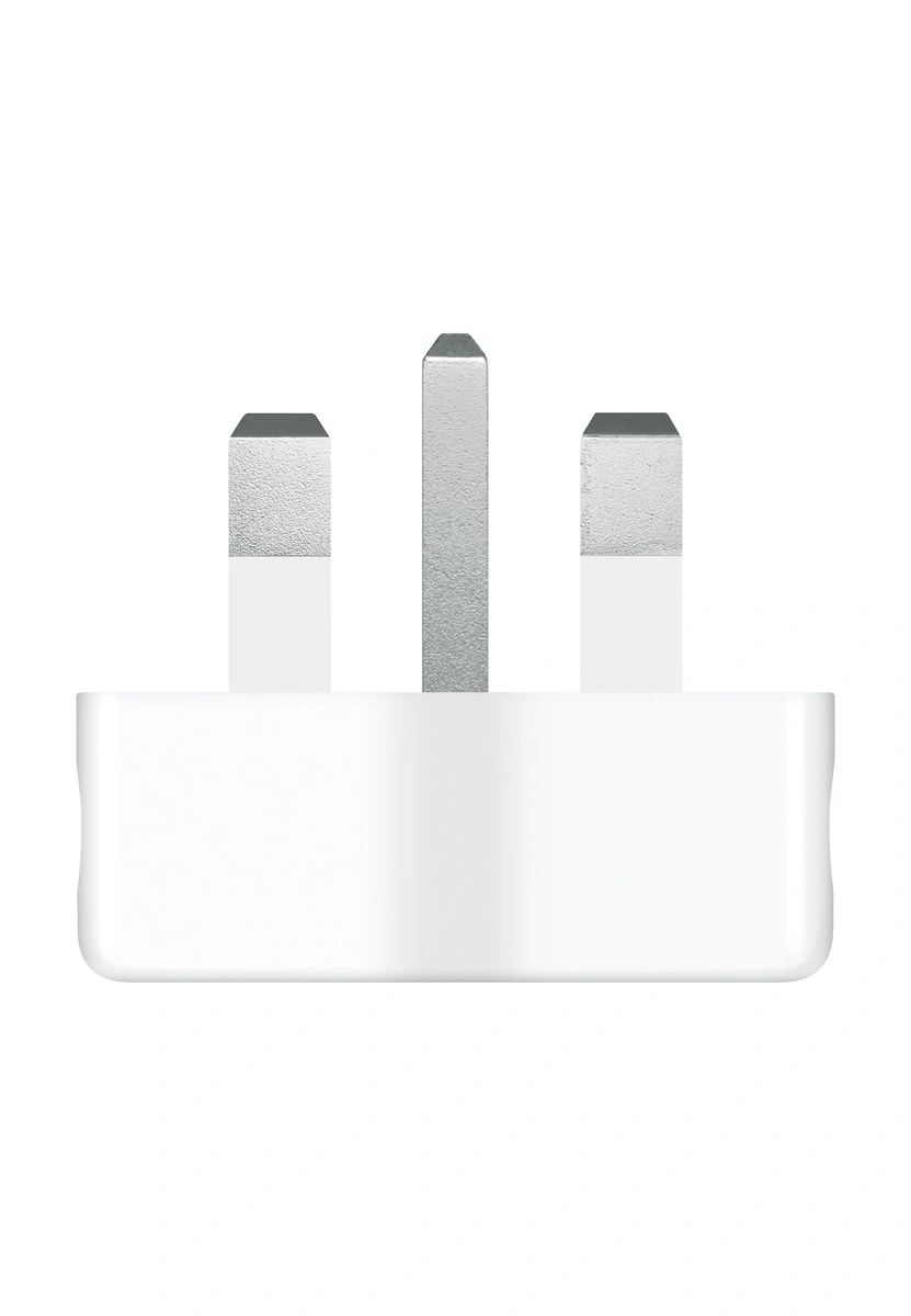 White Apple duckhead adapter with three rectangular UK-style pins.