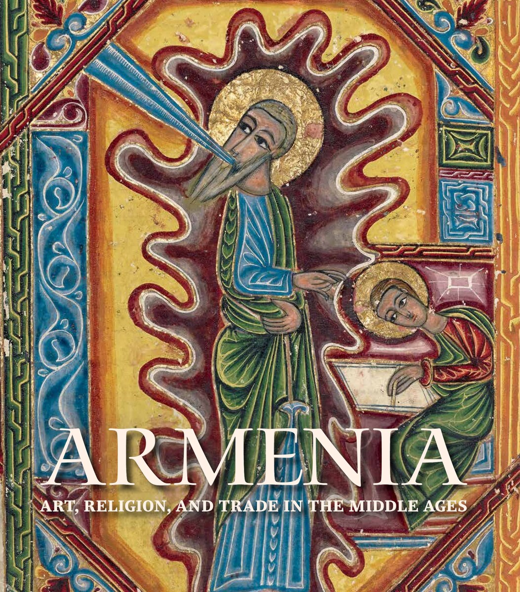 The Armenia jacket from The Metropolitan Museum of Art, showing an illuminated Gospel page of a haloed evangelist and his scribe beneath white lettering.