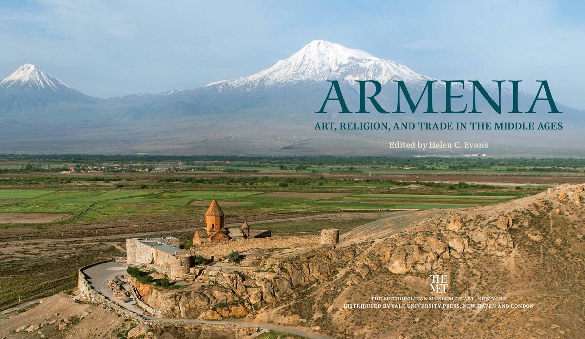 The opening spread of Armenia, with the monastery of Khor Virap on its rocky hill below snow-covered Mount Ararat and the book title across the sky.