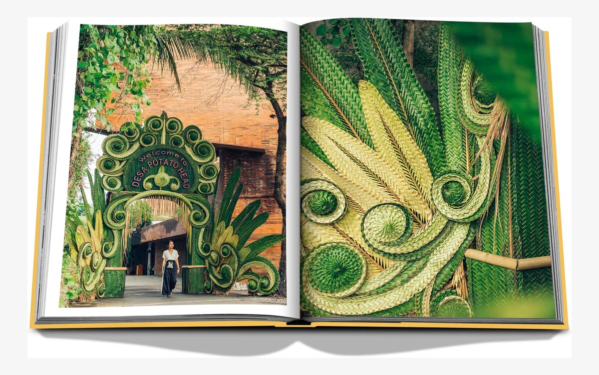 An open spread showing an elaborate green gateway and a close view of its layered decorative details.