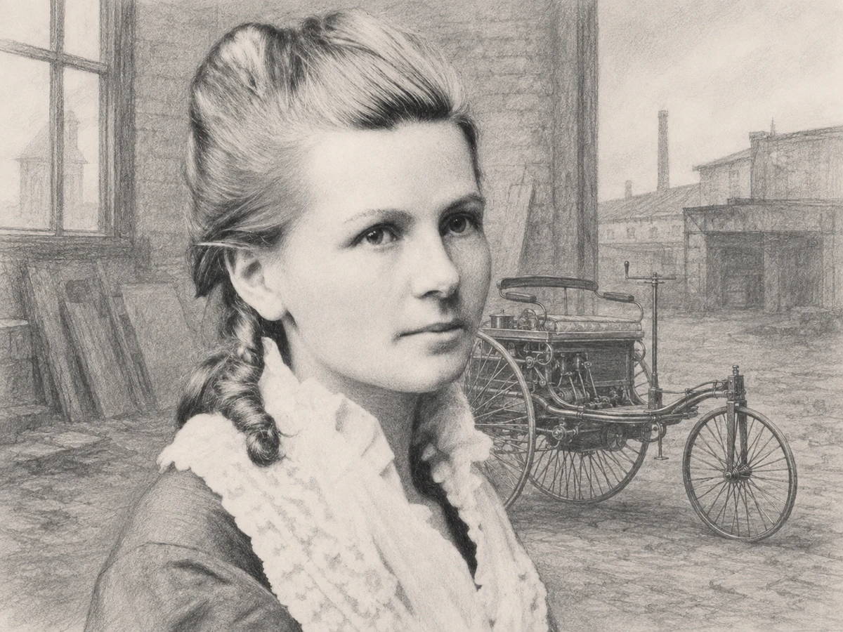 Pencil portrait of Bertha Benz with a three-wheeled Patent-Motorwagen behind her.