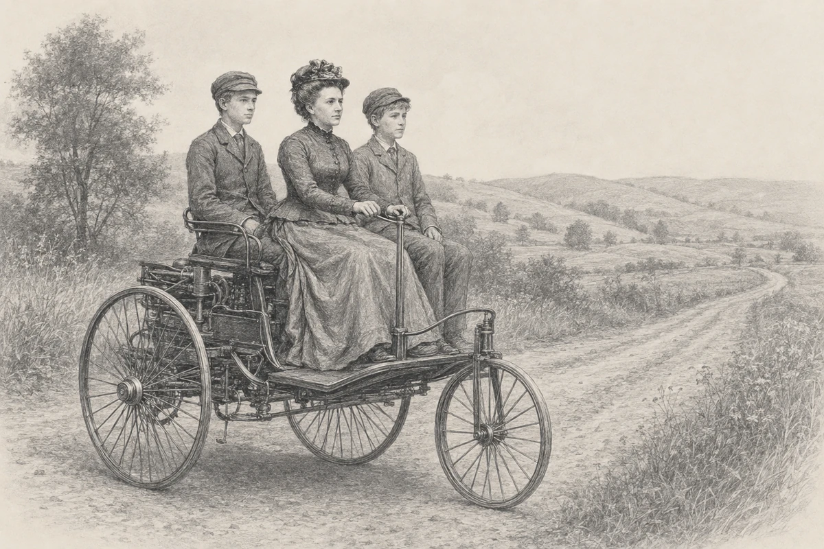 Pencil drawing of Bertha Benz and her two teenage sons in a three-wheeled motor car on a country road.