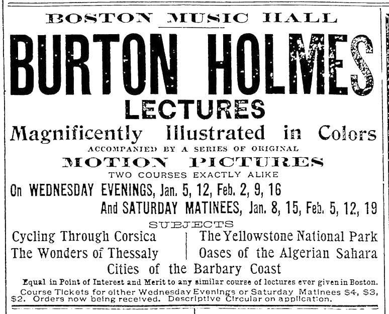 A newspaper advertisement for Burton Holmes Lectures at Boston Music Hall, listing five subjects, evening and matinee dates and ticket prices.