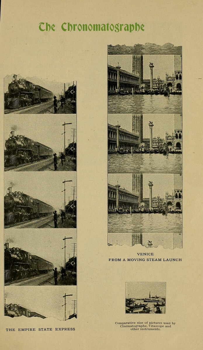 A printed page headed The Chronomatographe, with film strips of an express train and of Venice seen from the water.