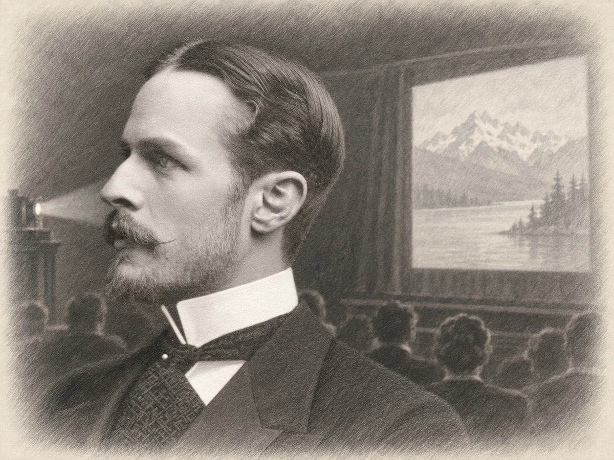 A pencil portrait of Burton Holmes in profile, in a high collar, with a lit lecture screen and projector beam behind him.