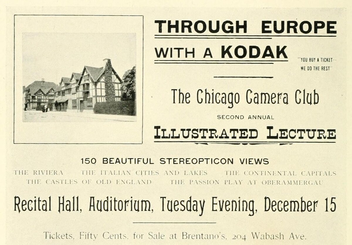 A poster for Through Europe with a Kodak, the Chicago Camera Club’s second annual illustrated lecture, with a photograph of a half-timbered English house.