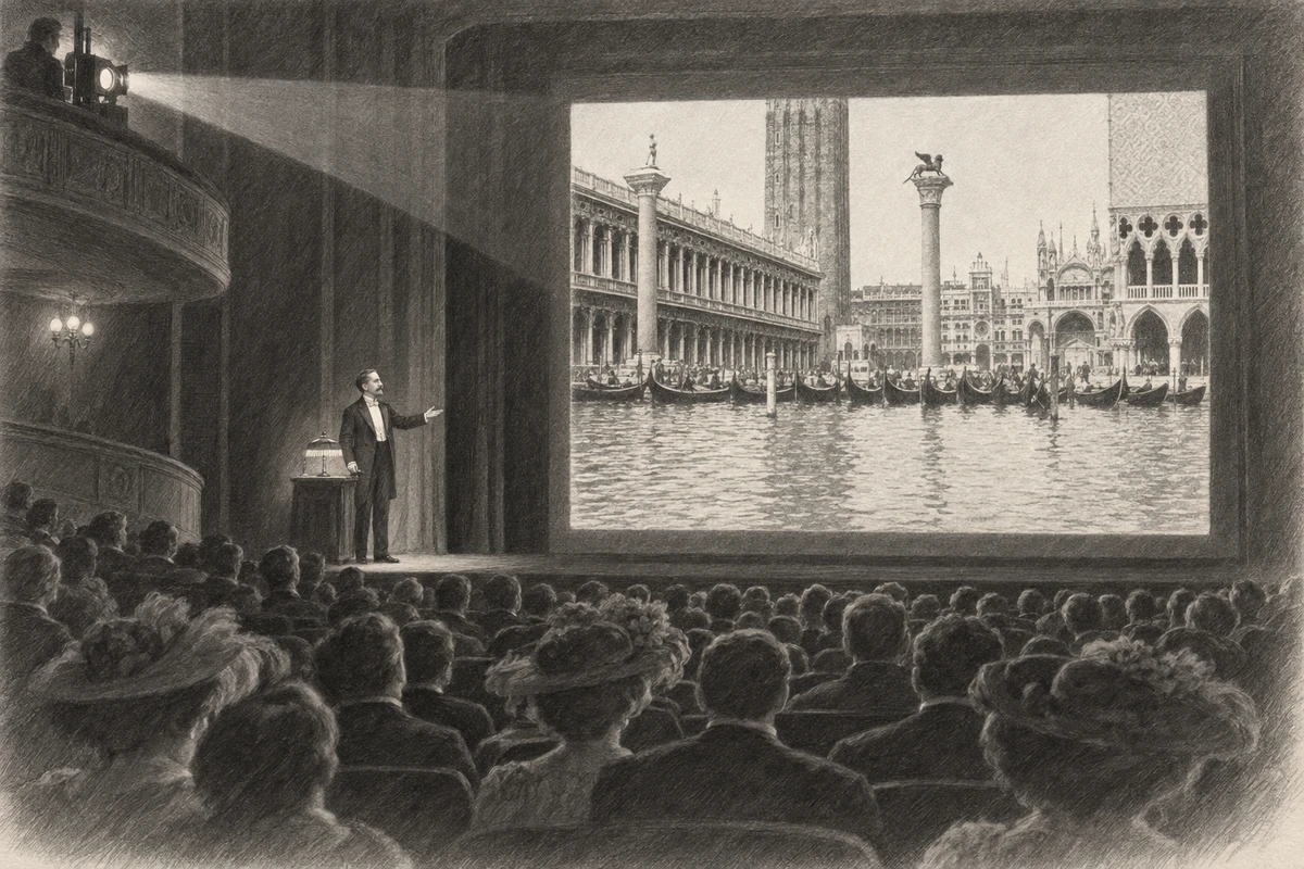 A pencil drawing of a darkened concert hall seen from the back, with a lit screen showing Venice and a man in evening dress standing beside it.