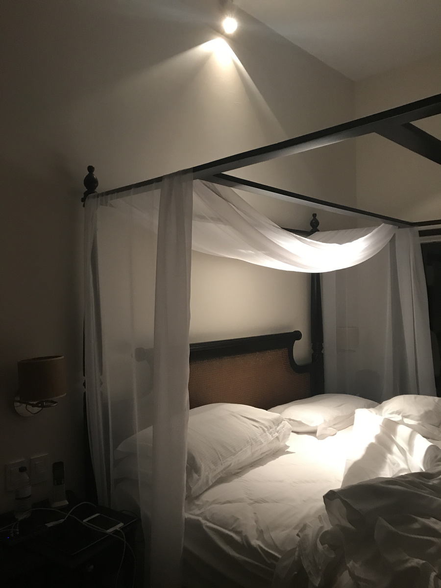 Four-poster bed with white curtains and bedside lighting