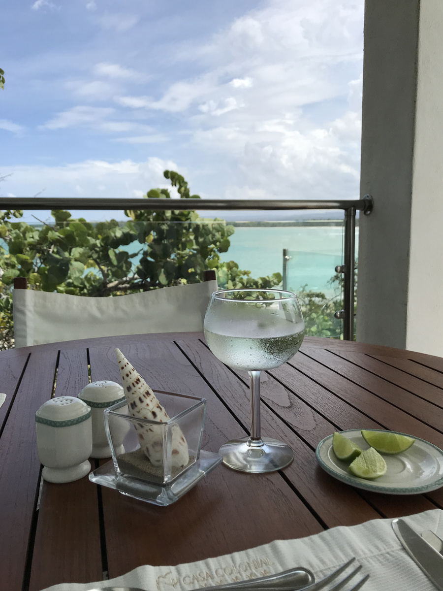 A glass of water and lime wedges on a table above the sea