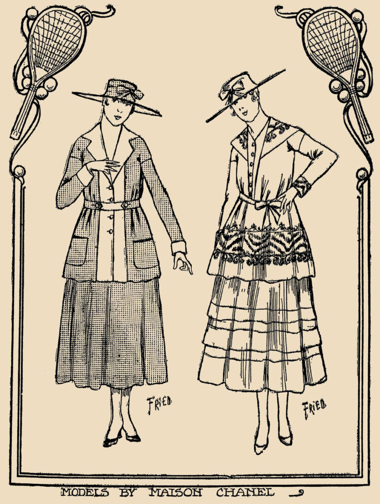 Two drawn Chanel ensembles with belted jackets, calf-length skirts and broad hats, framed by tennis rackets.