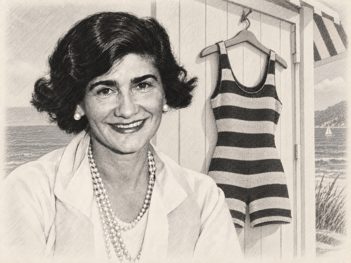 Pencil portrait of Coco Chanel with a striped 1920s bathing costume hanging on a beach-cabana door behind her.