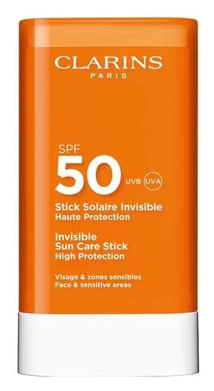 Orange Clarins Invisible Sun Care Stick SPF50 with a white base.