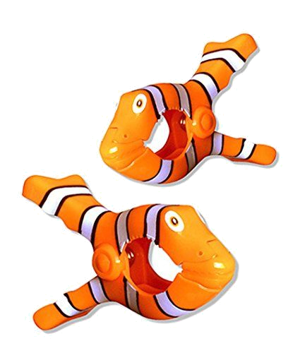 Two orange clownfish-shaped towel clips with black and white stripes.