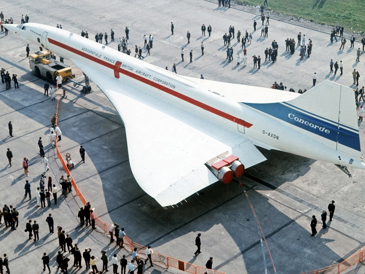 Pre-production Concorde G-AXDN seen from above on the apron at Filton in 1971, surrounded by onlookers.