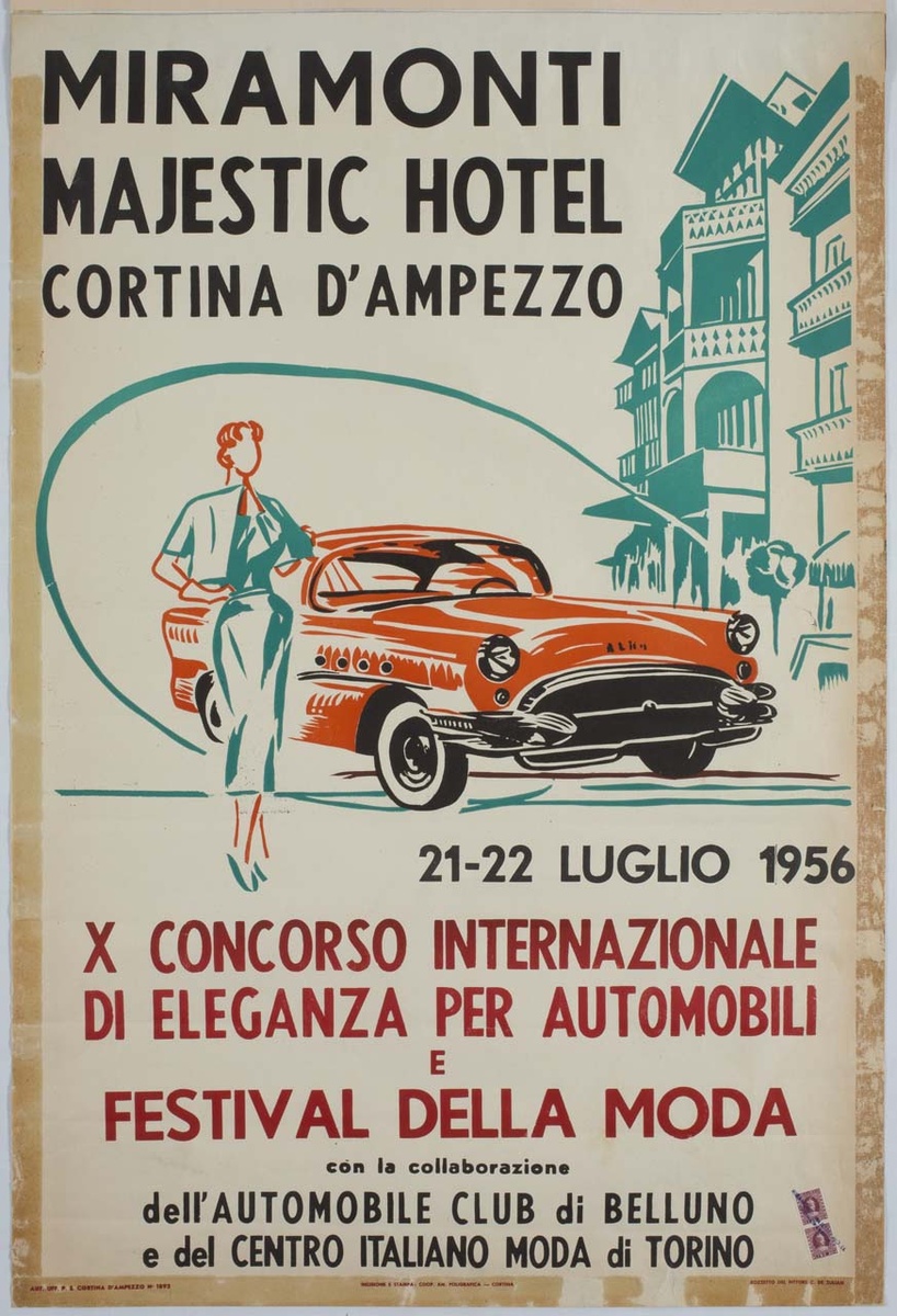 A 1956 Cortina poster showing a woman beside an orange car and the Miramonti Majestic Hotel, advertising an automobile concours and fashion festival.
