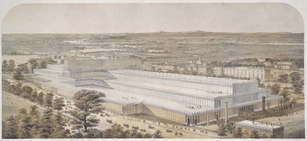 Charles Burton’s aerial view of the Crystal Palace, with its long glass galleries, vaulted transept and surrounding park.