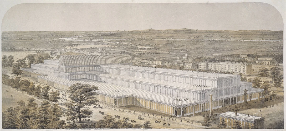 Charles Burton’s aerial view of the Crystal Palace, with its long glass galleries, vaulted transept and surrounding park.