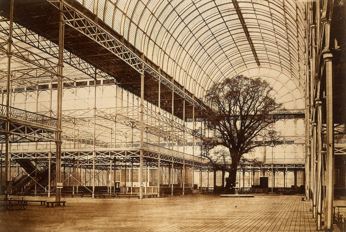 An elm stands beneath the glass vault of the Crystal Palace in Hyde Park, with iron columns, raised galleries and an empty floor.