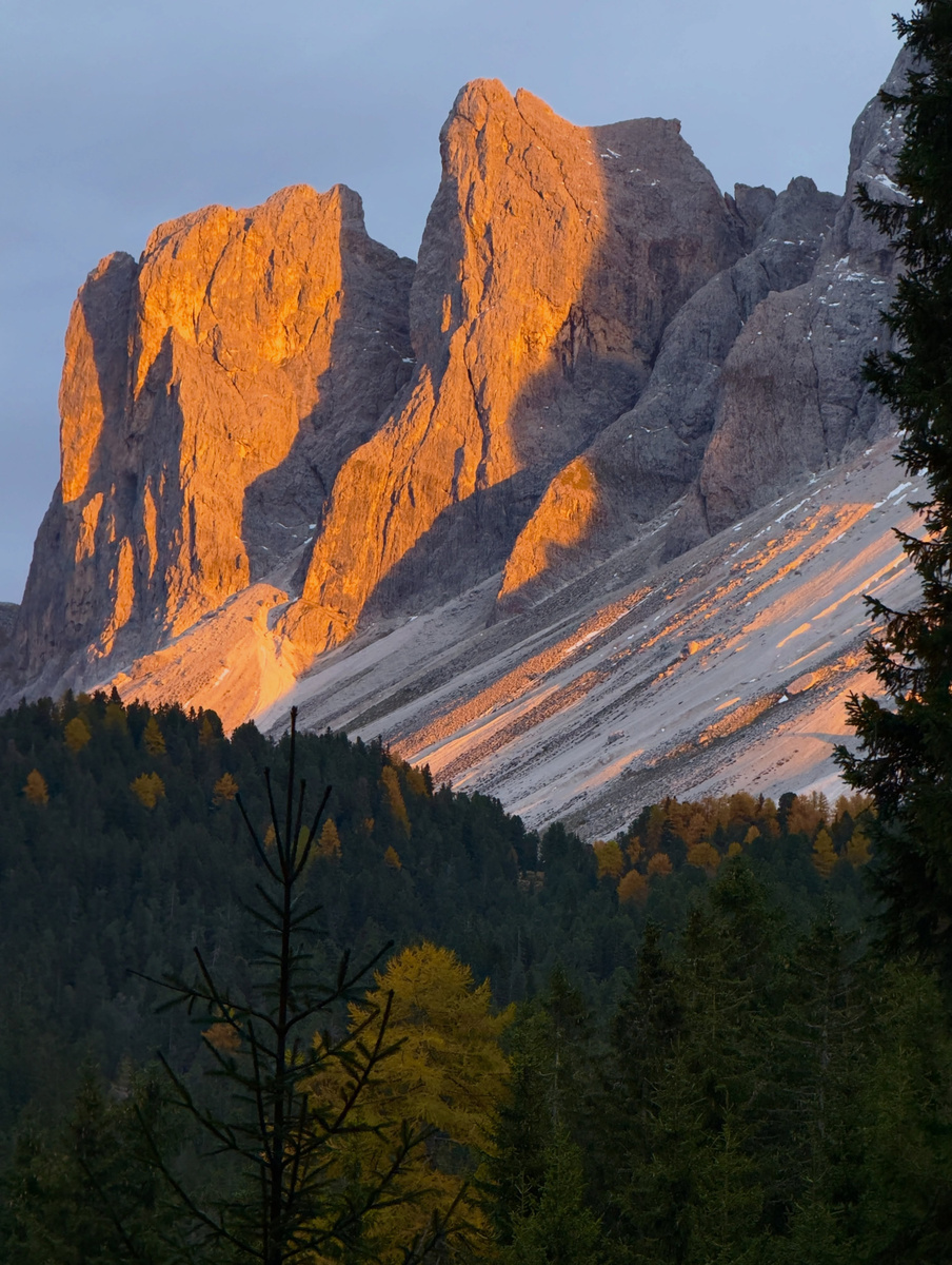 Warm evening sunlight catches the rock faces above a dark forest of conifers and autumn larches.