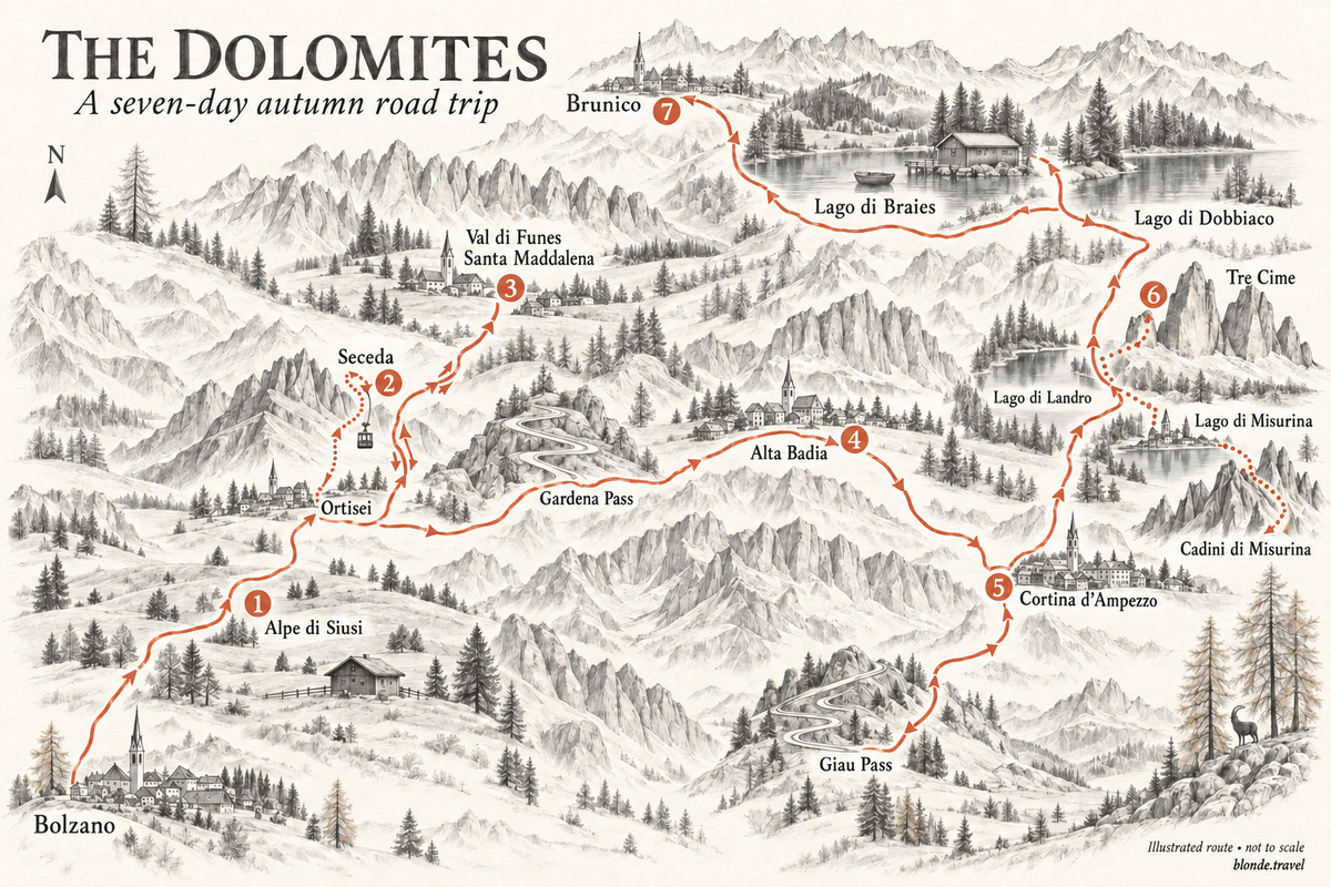 Pencil-drawn map of the seven-day Dolomites itinerary, marking Bolzano, Alpe di Siusi, Seceda, Val di Funes, Cortina, Tre Cime and the northern lakes, ending in Brunico.