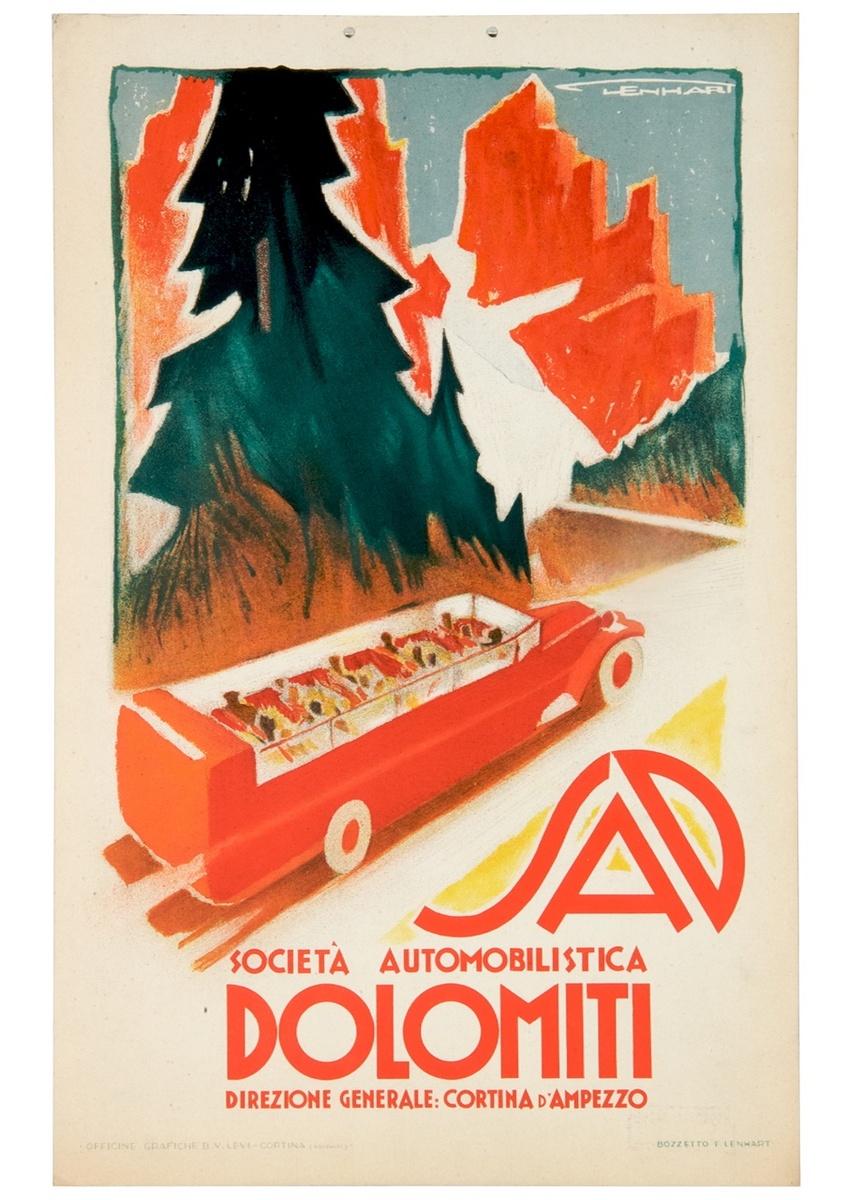 A vintage SAD poster with an open red touring coach below orange Dolomite peaks and a dark-green pine tree.