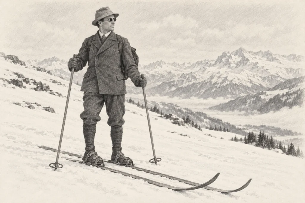A gentleman skier in a felt hat, dark spectacles, double-breasted jacket, knickerbockers and puttees, wearing leather boots on wooden skis and holding two poles.
