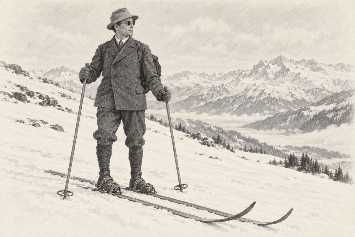 A gentleman skier in a felt hat, dark spectacles, double-breasted jacket, knickerbockers and puttees, wearing leather boots on wooden skis and holding two poles.