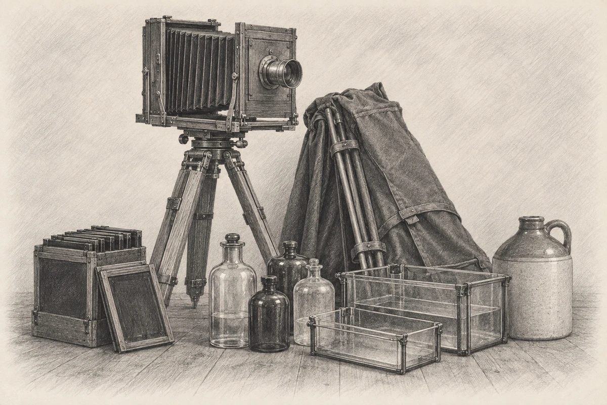 Pencil drawing of a wooden plate camera on a tripod beside glass holders, bottles, processing tanks, a folded tent and a water jug.