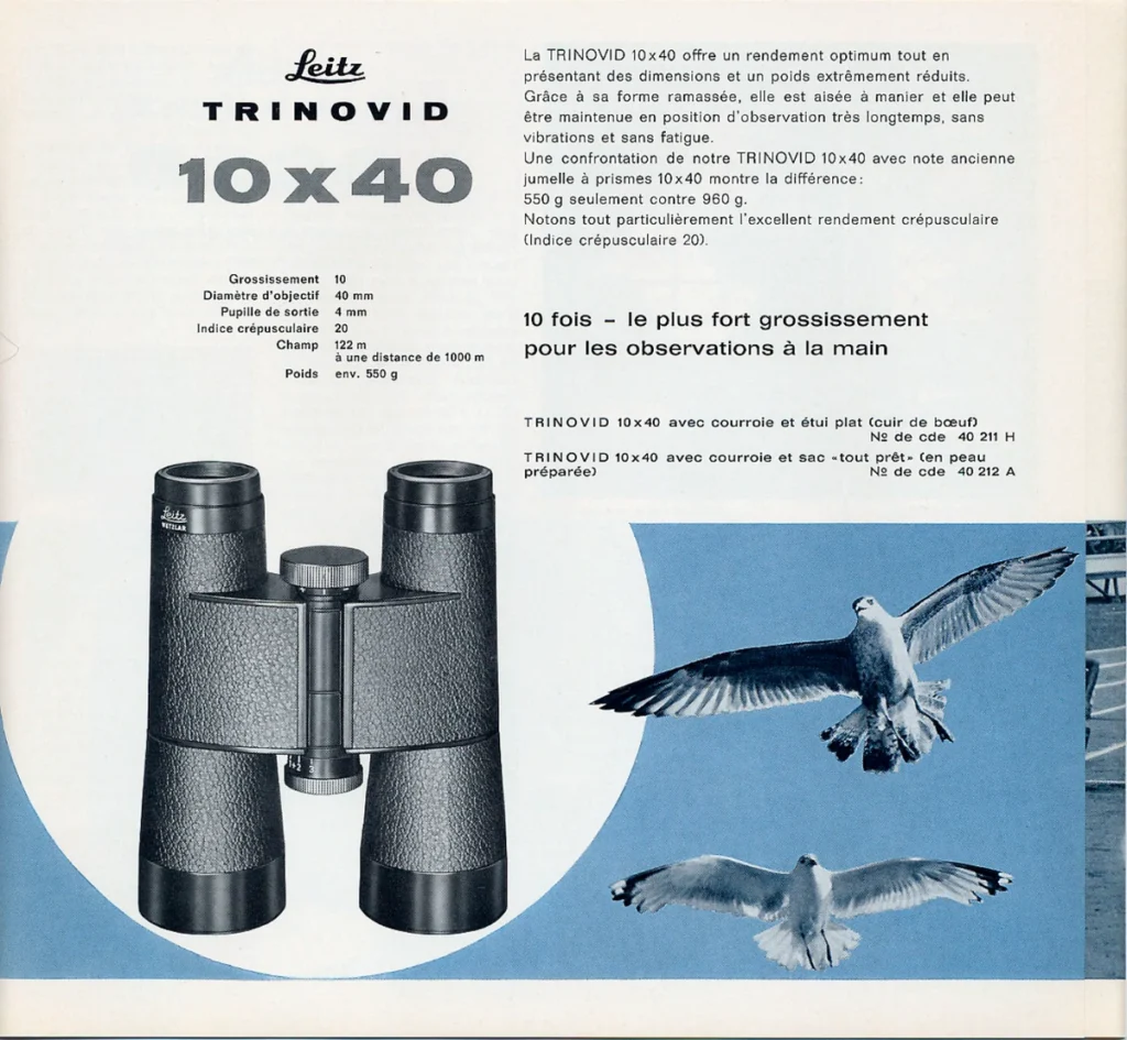 A 1963 French Trinovid 10×40 brochure page shows binoculars, flying gulls and a comparison of old and new weights.