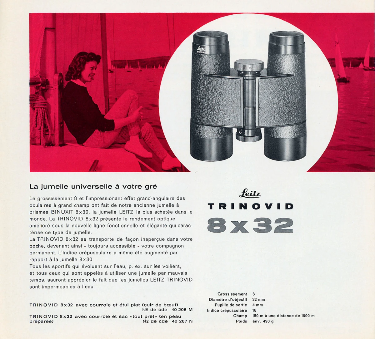 A French Leitz Trinovid 8×32 brochure page combines binoculars with a photograph of a woman aboard a sailing boat.