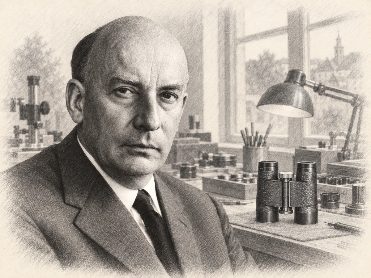 Graphite portrait of Ernst Leitz III in a suit, with classic Trinovid binoculars on a workshop bench behind his right shoulder.