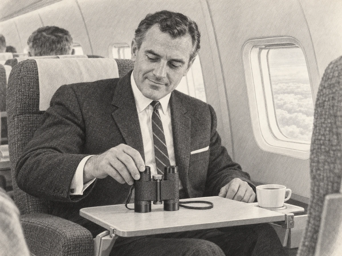 Graphite drawing of a suited passenger setting compact Trinovid binoculars on his flight tray table beside a coffee cup.